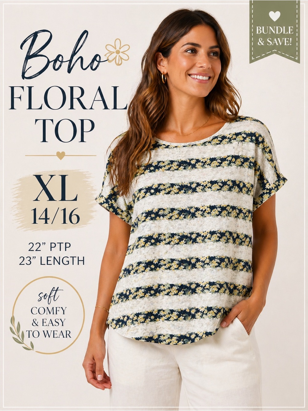 Per Una Weekend Floral Stripe Top XL 14 16 Cream Navy Boho Casual Tee m